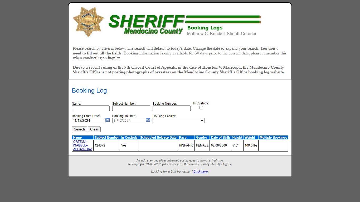 Booking Log - Mendocino County Sheriff's Office